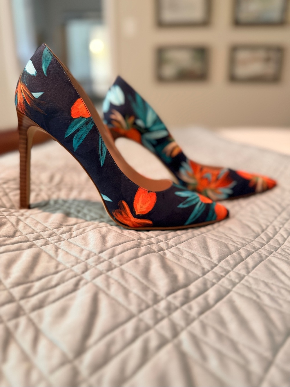 Nine West Navy Floral Pointed-Toe Pumps with Orange Accents - Picture 2 of 9